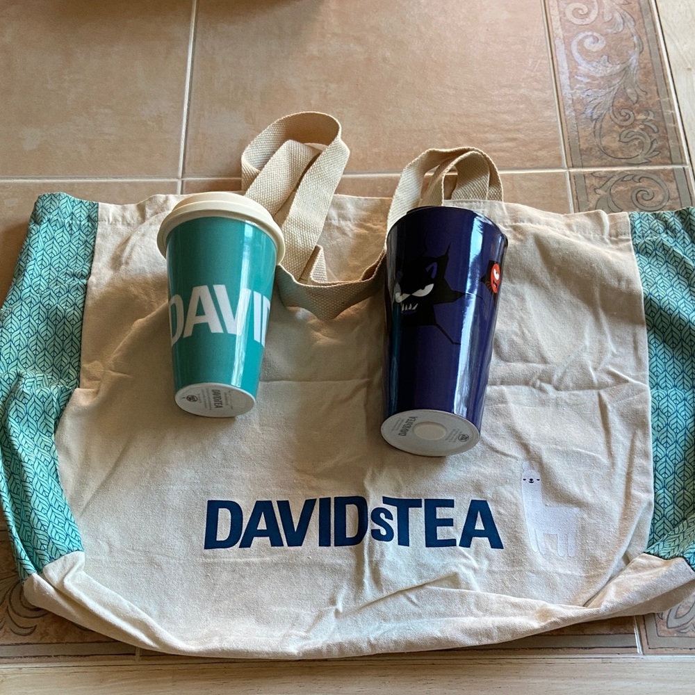 David’sTea Bundle   Ceramic Travel Mugs plus tote bag